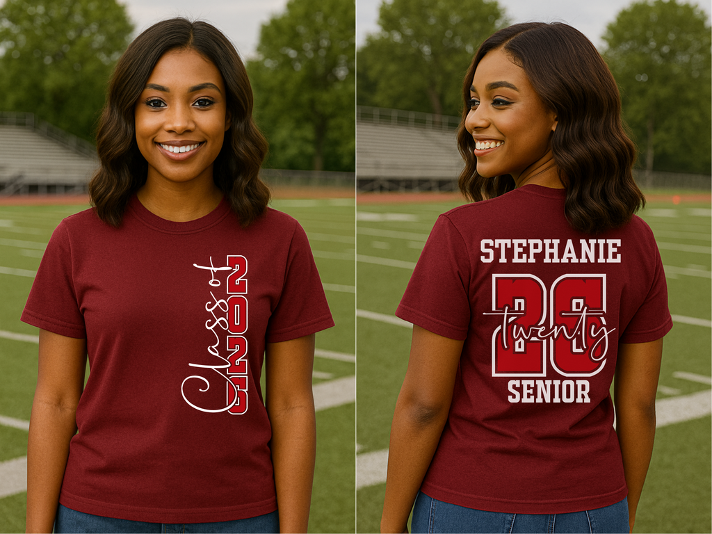 Woman wearing a maroon t-shirt with class-themed design on a football field