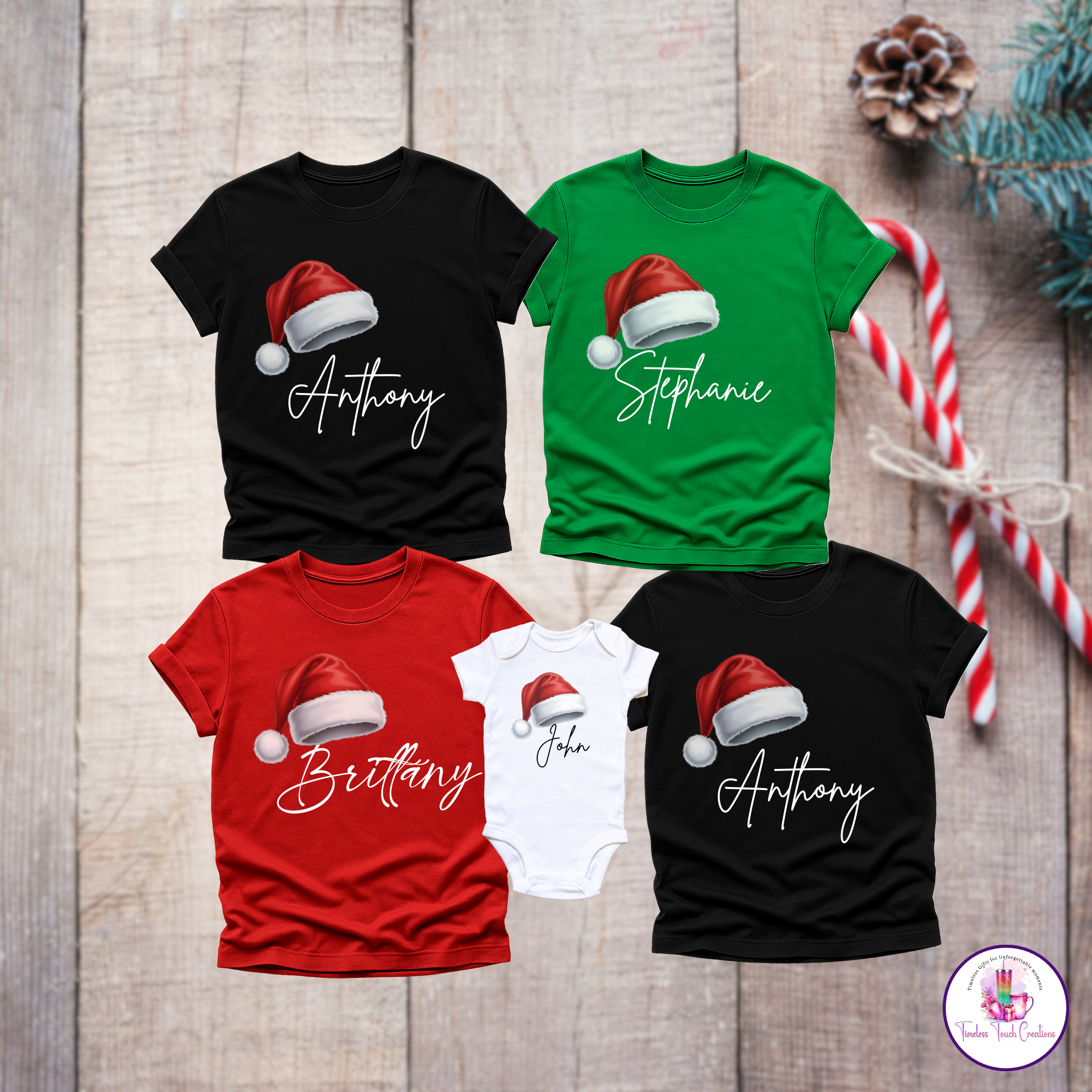Personalized Family Christmas Shirts with Santa Hat – Custom Name Holiday Tees for Matching Family Outfits or Pajamas