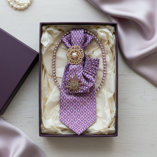 Lilac Crystal Tie Necklace | Gold Brooch Accessory
