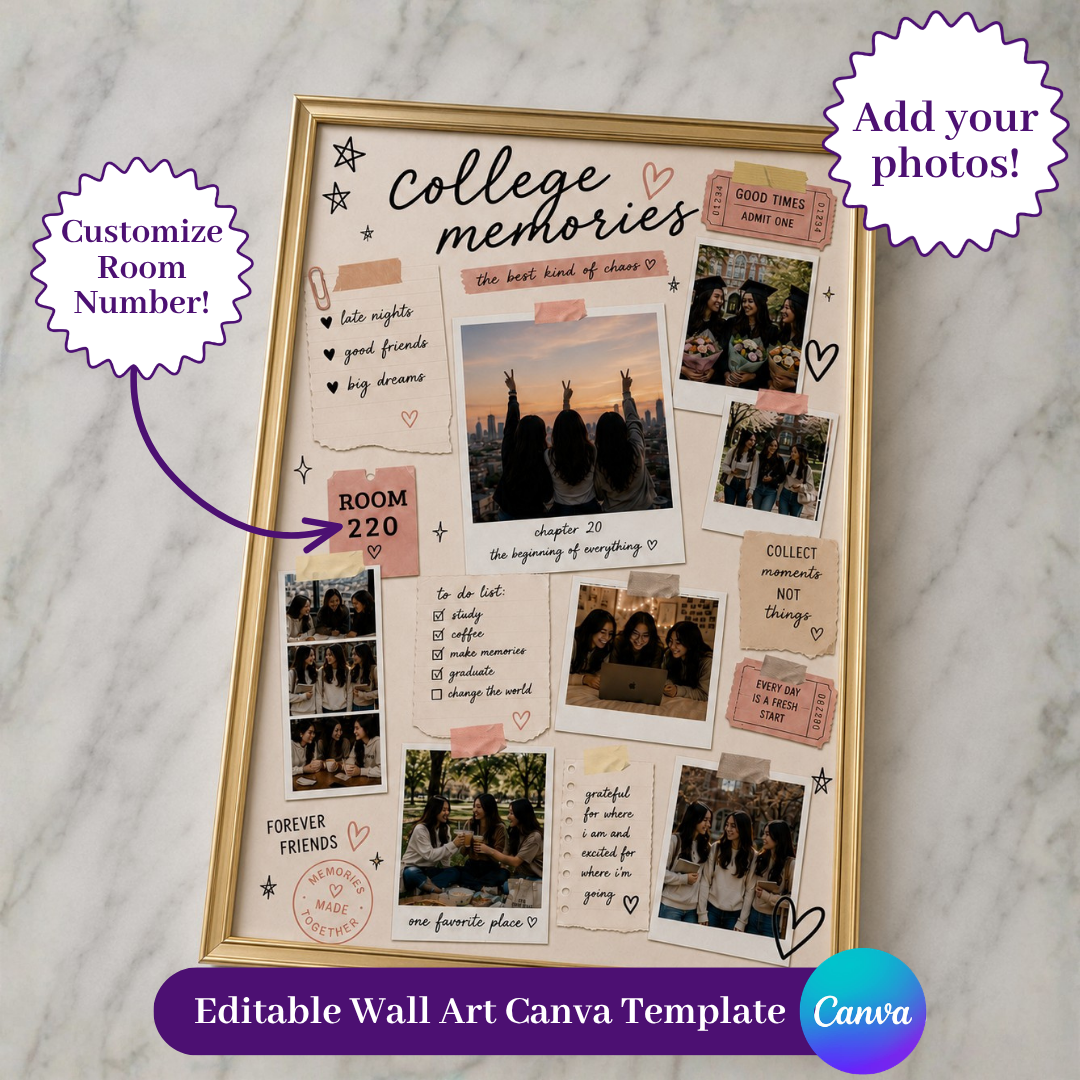 College Memories Digital Template | Personalized College Photo Wall Art Canva Template