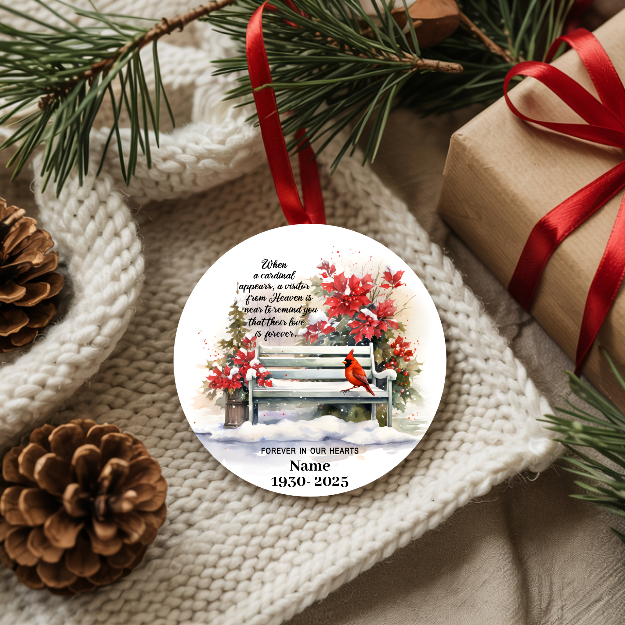Cardinal Memorial Christmas Ornament Personalized In Loving Memory Keepsake for Loss of Loved One Remembrance Ornament for Tree Decoration