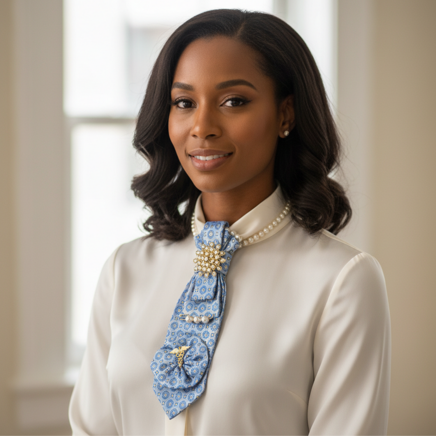 Blue Medallion Tie Necklace | Gold Sunflower Brooch