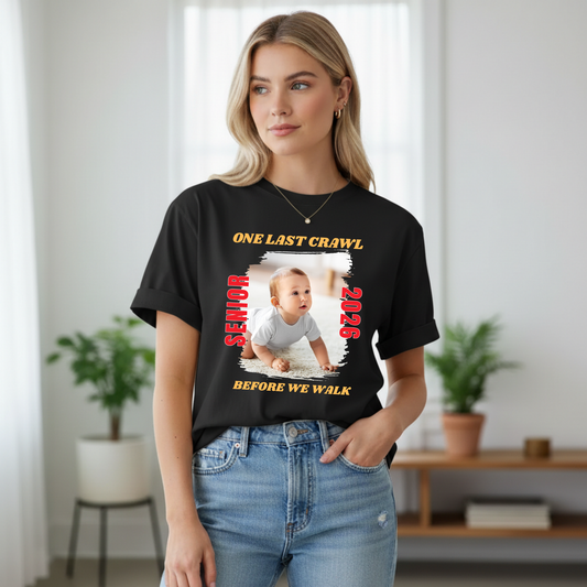 College Senior Bar Crawl Shirt 2026 - One Last Crawl Before We Walk Graduation Tee with Baby Photo