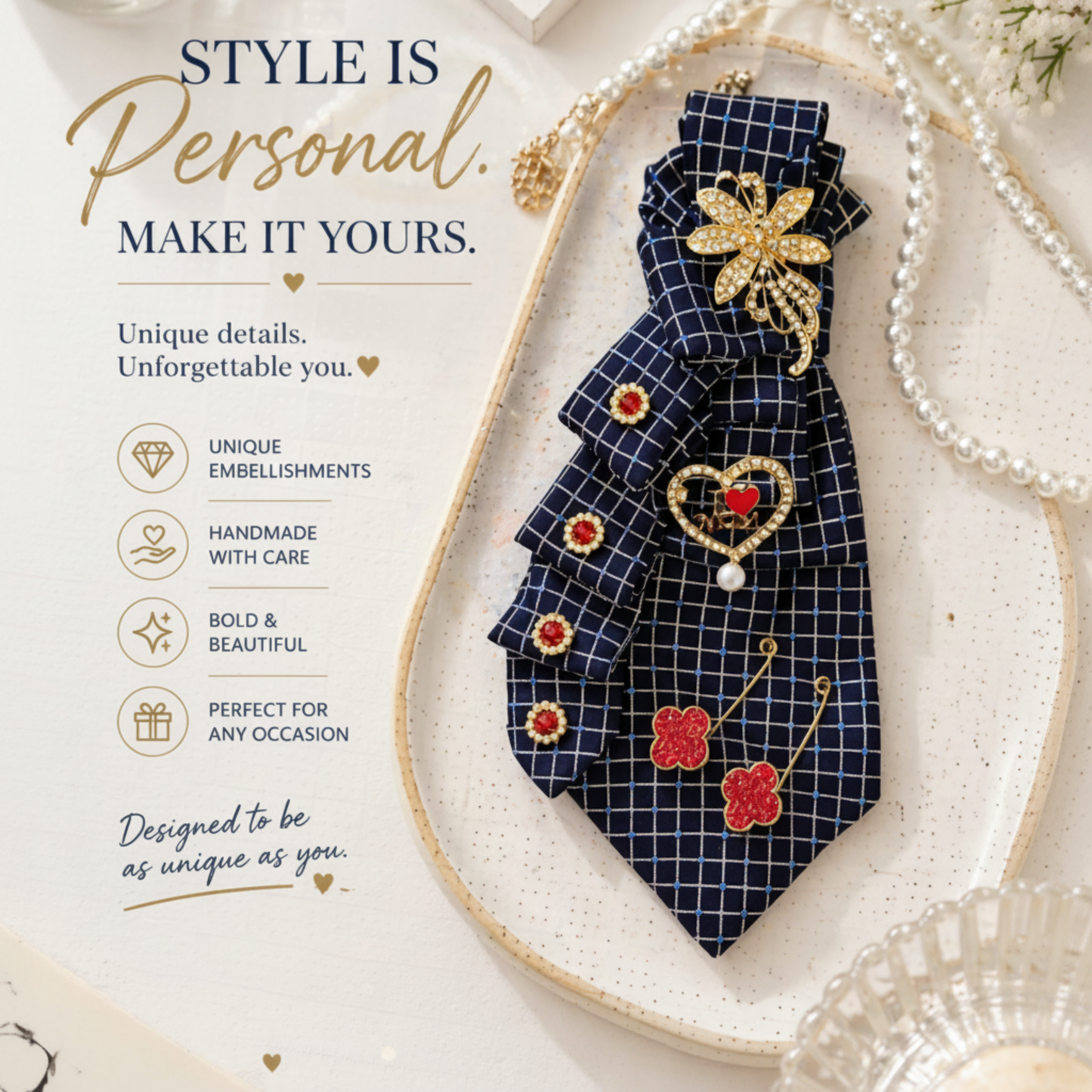 Navy Grid Tie Necklace | Dragonfly and Charm Statement Tie Necklace