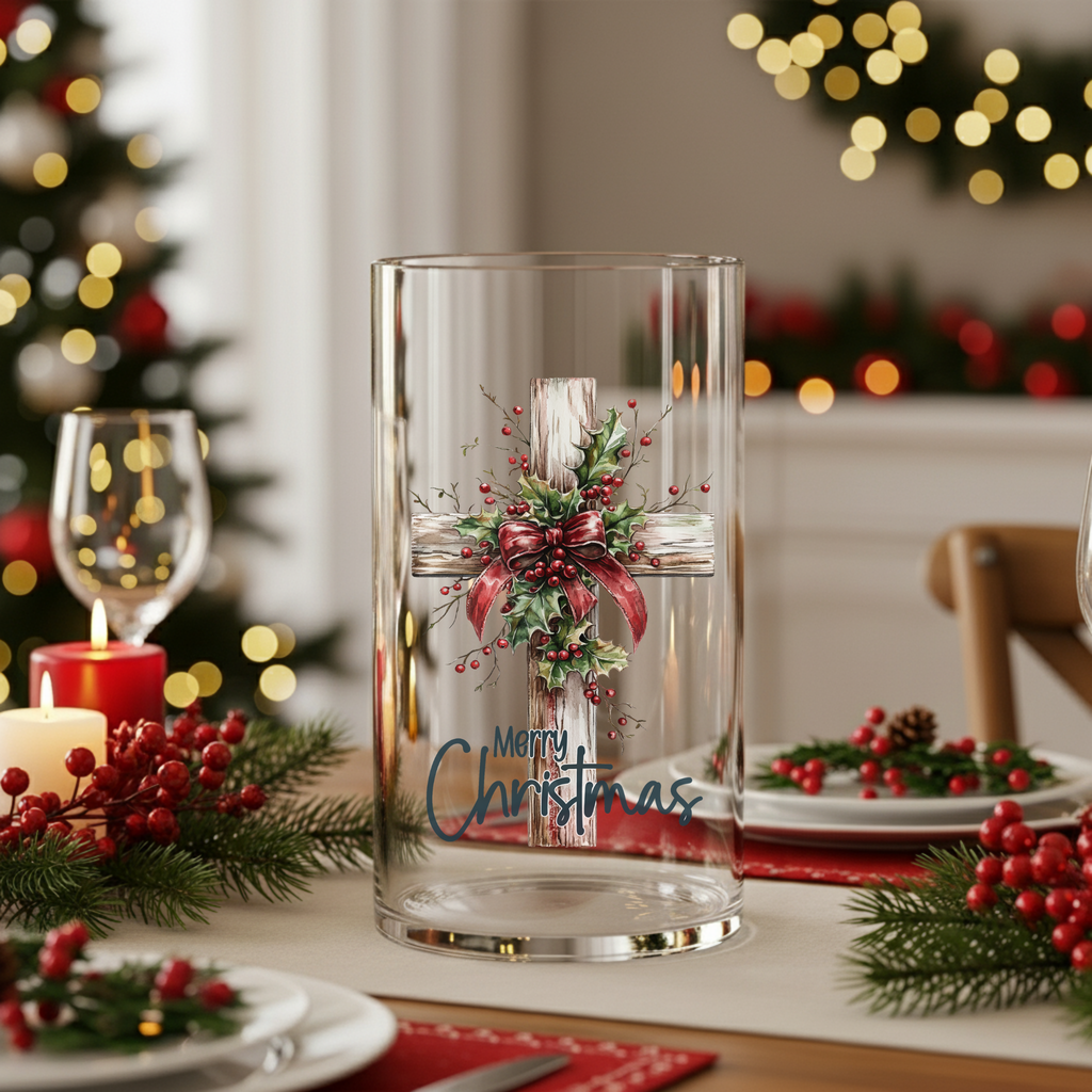 Christmas Glass Vase with Cross and Holly Design Holiday Centerpiece Decor