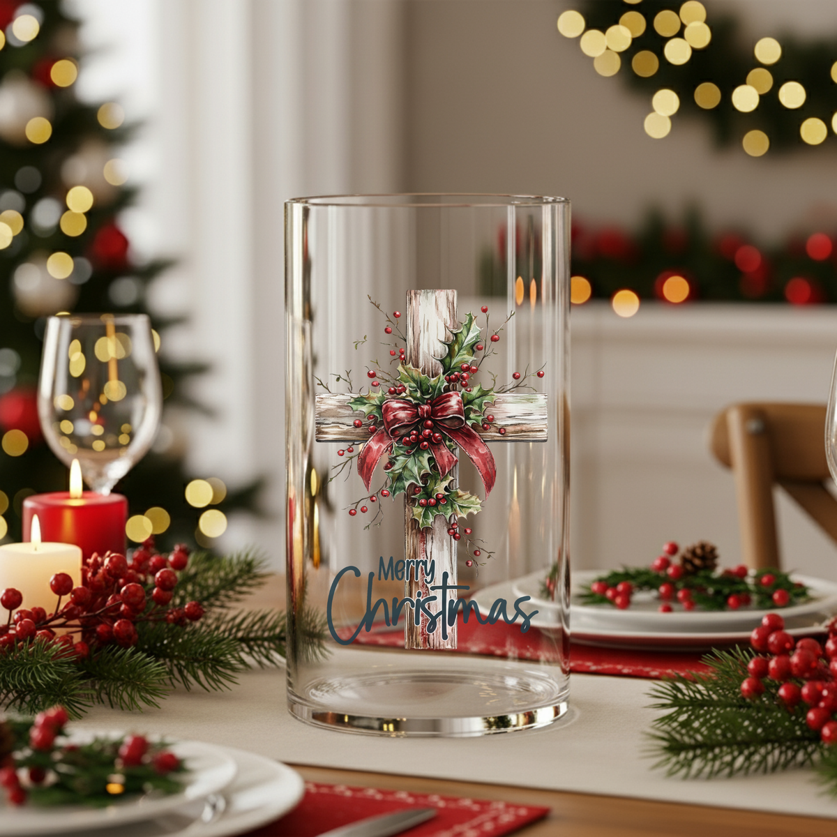 Christmas Glass Vase with Cross and Holly Design Holiday Centerpiece Decor