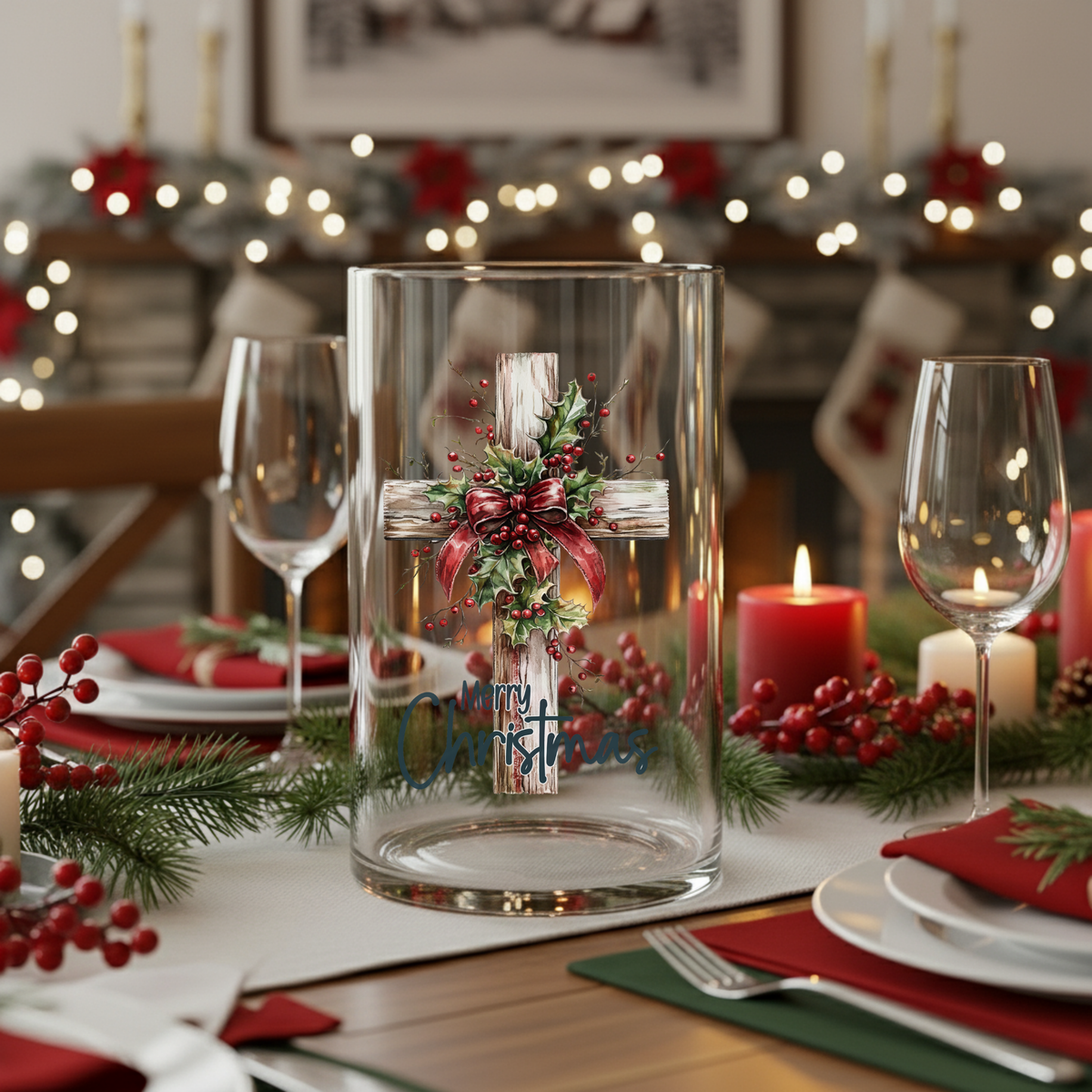 Christmas Glass Vase with Cross and Holly Design Holiday Centerpiece Decor