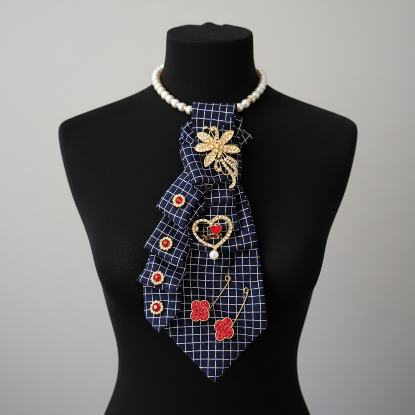 Navy Grid Tie Necklace | Dragonfly and Charm Statement Tie Necklace