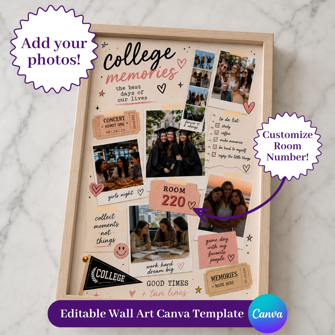College Memories Digital Template | Personalized College Photo Wall Art Canva Template