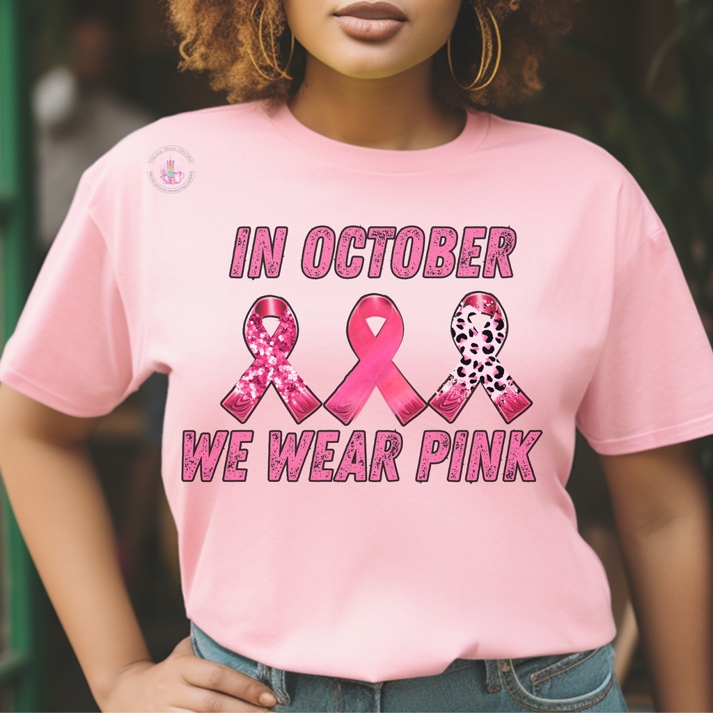 Breast Cancer Awareness T-Shirt In October We Wear Pink Ribbon Design | Gildan Softstyle Tee