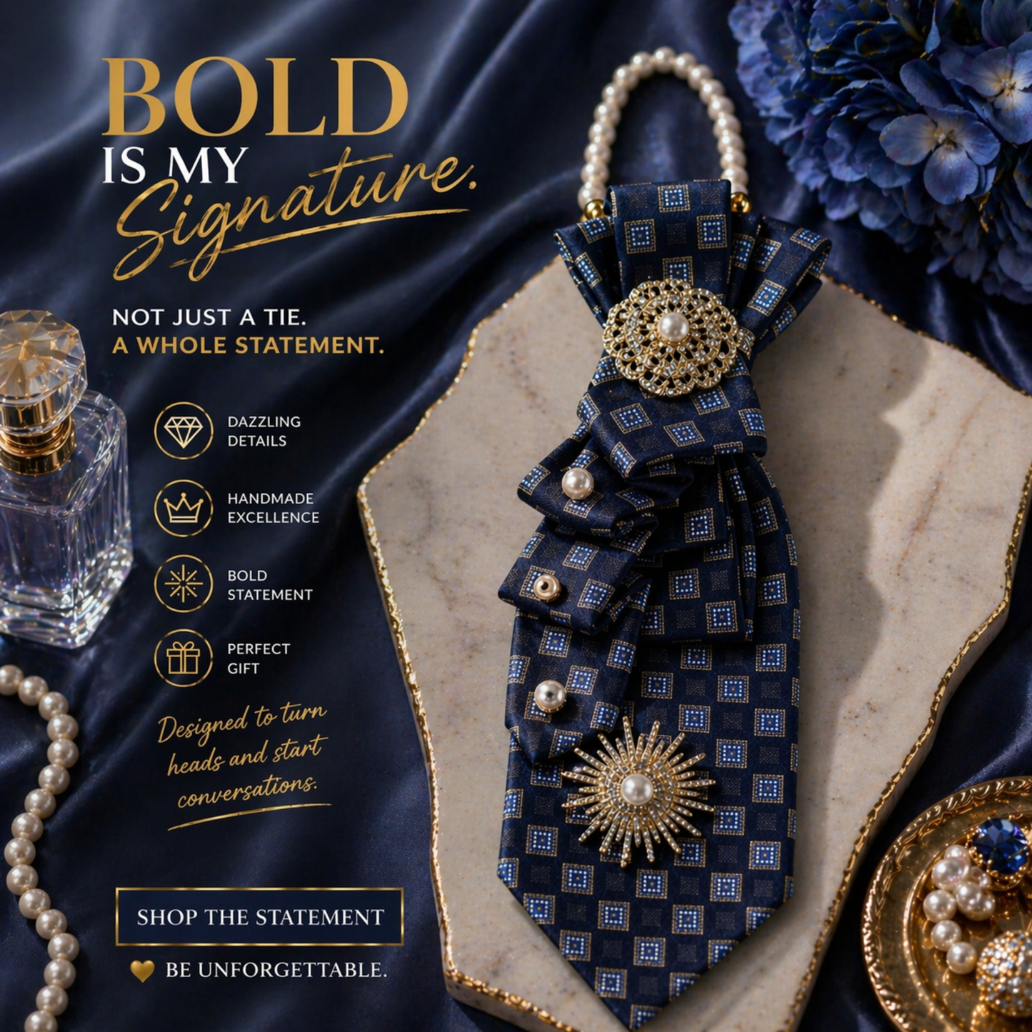 Navy Diamond Tie Necklace | Gold Medallion Starburst Tie Necklace