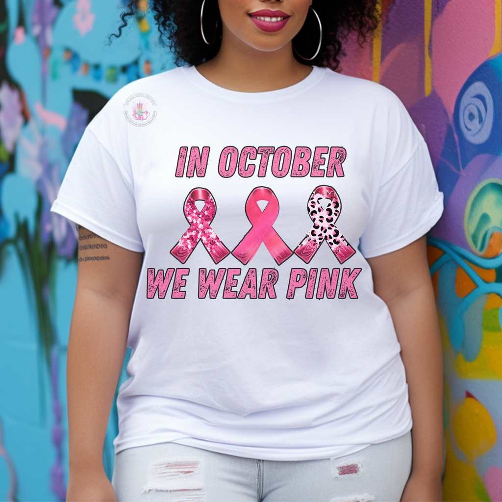 Breast Cancer Awareness T-Shirt In October We Wear Pink Ribbon Design | Gildan Softstyle Tee