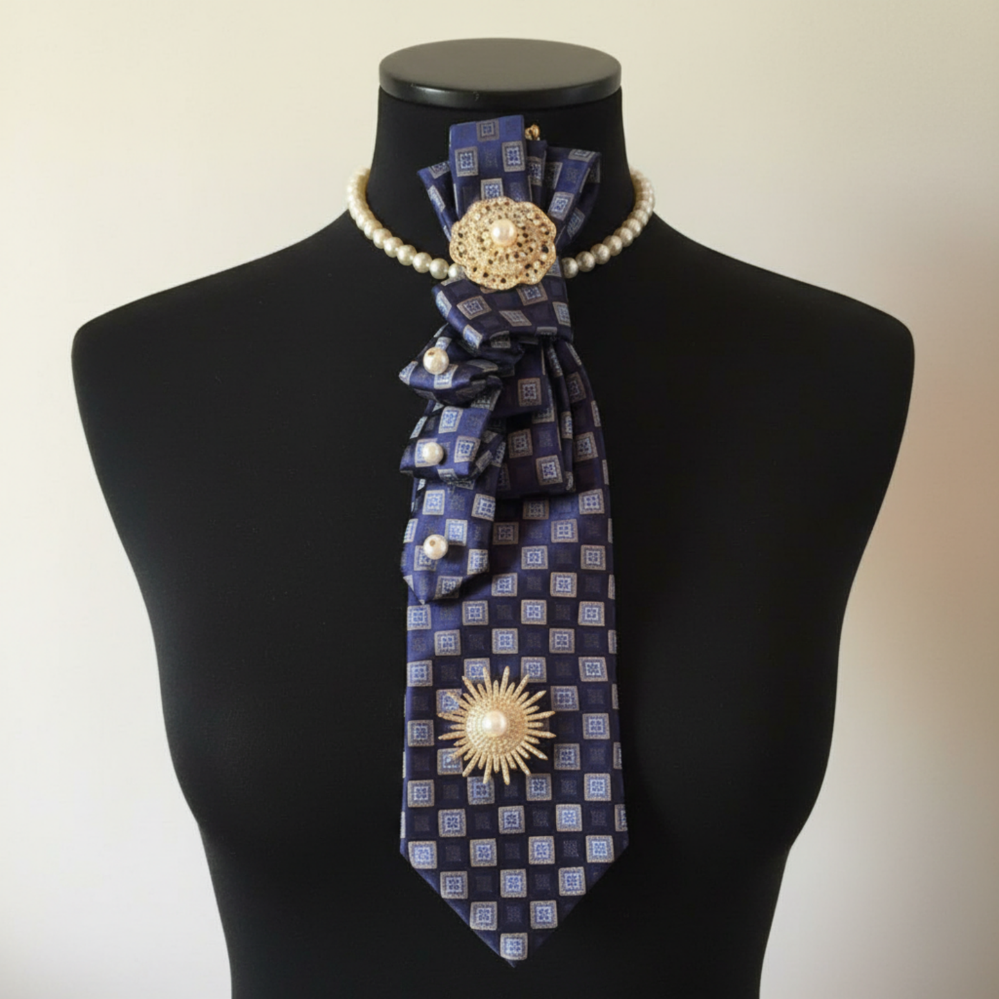 Navy Diamond Tie Necklace | Gold Medallion Starburst Tie Necklace