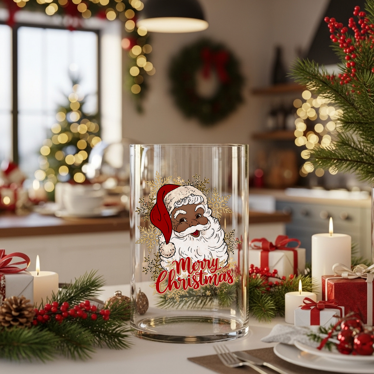 Merry Christmas Santa Glass Vase, Holiday Centerpiece Gift