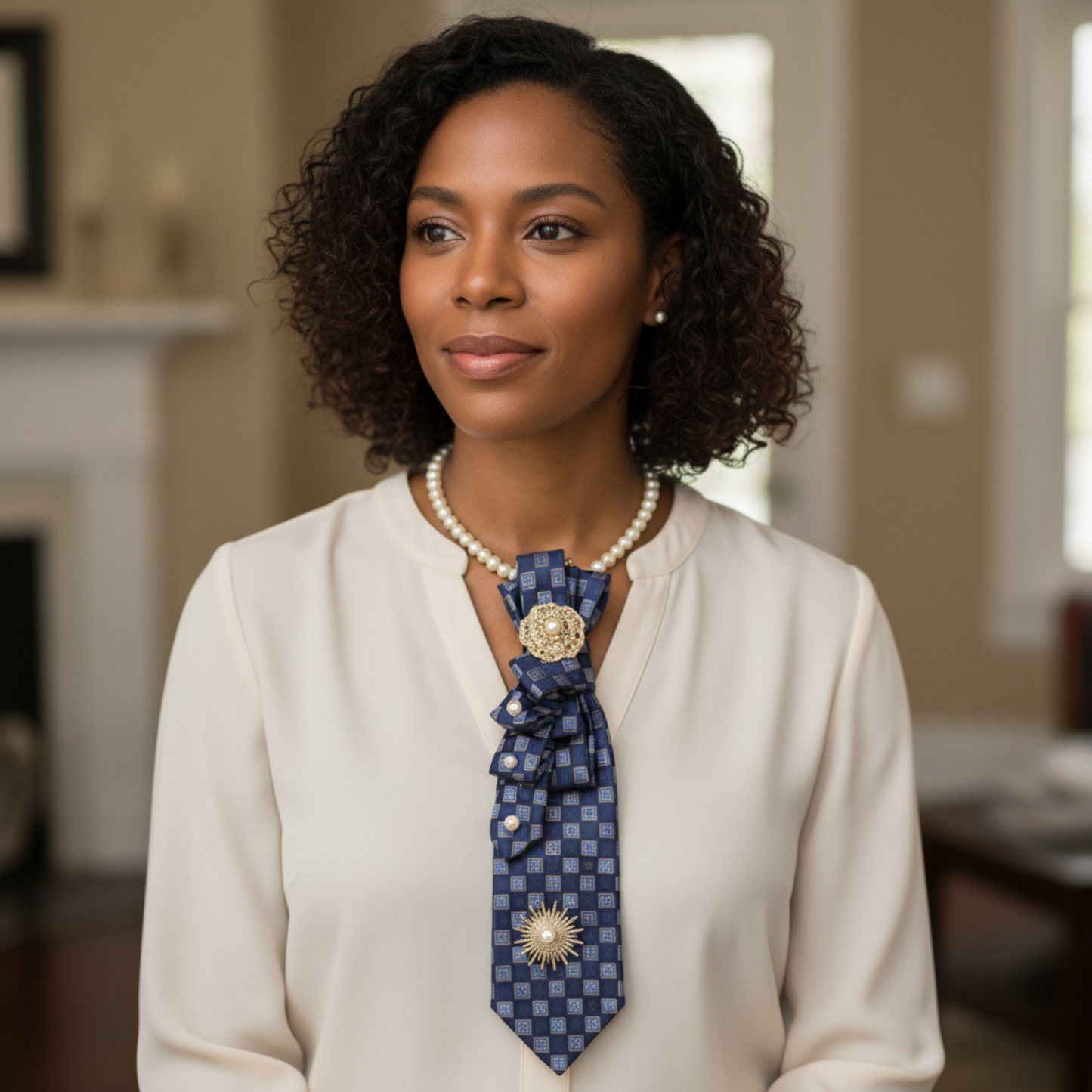 Navy Diamond Tie Necklace | Gold Medallion Starburst Tie Necklace