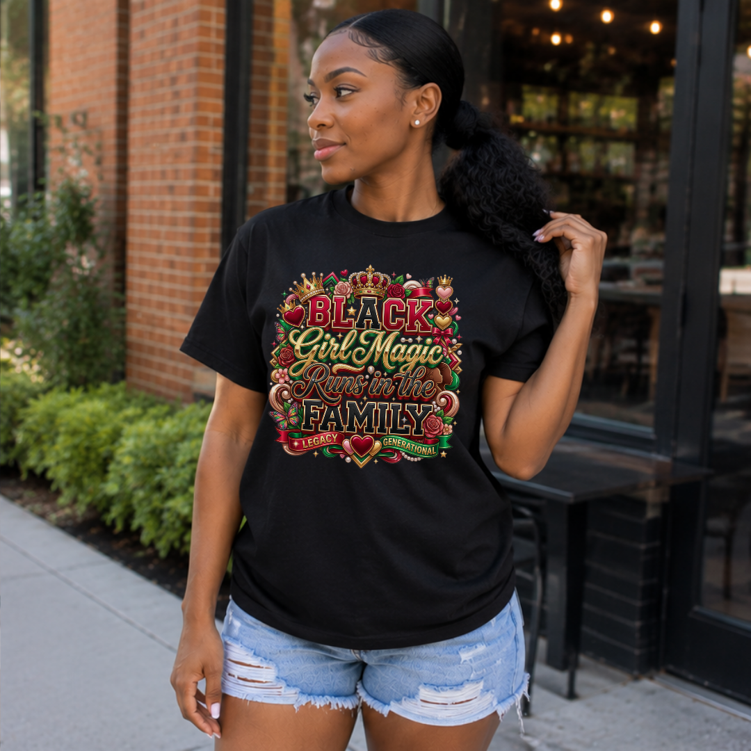 Black Girl Magic Runs in the Family T-Shirt | Black Women Legacy Generational Graphic Tee