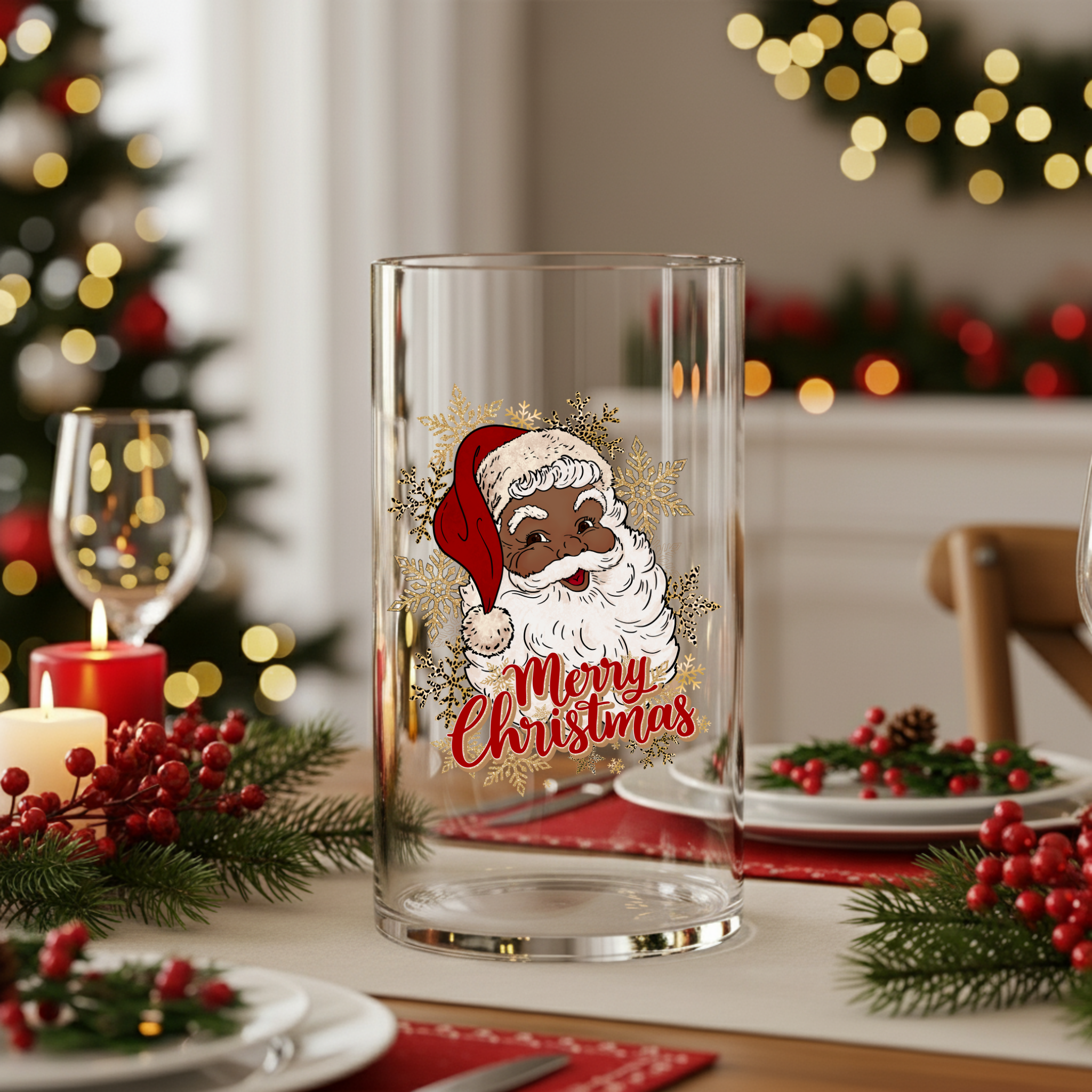 Merry Christmas Santa Glass Vase, Holiday Centerpiece Gift