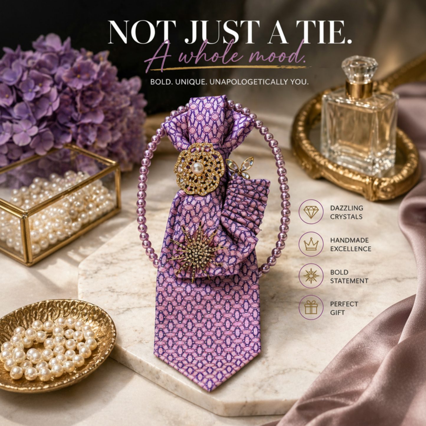 Lilac Crystal Tie Necklace | Gold Brooch Accessory