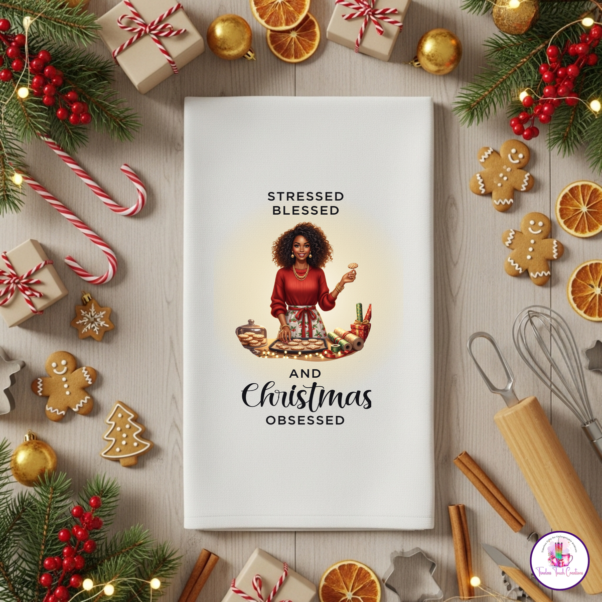 Christmas Kitchen Towel, “Stressed Blessed and Christmas Obsessed” Holiday Dish Towel