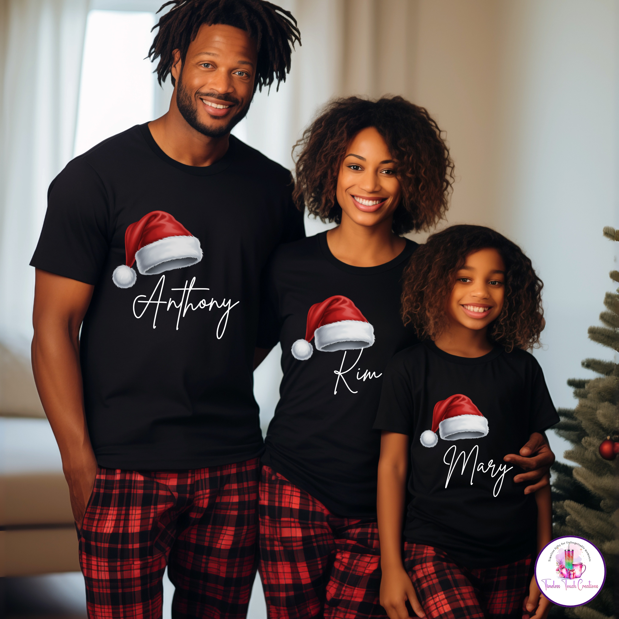 Personalized Family Christmas Shirts with Santa Hat – Custom Name Holiday Tees for Matching Family Outfits or Pajamas