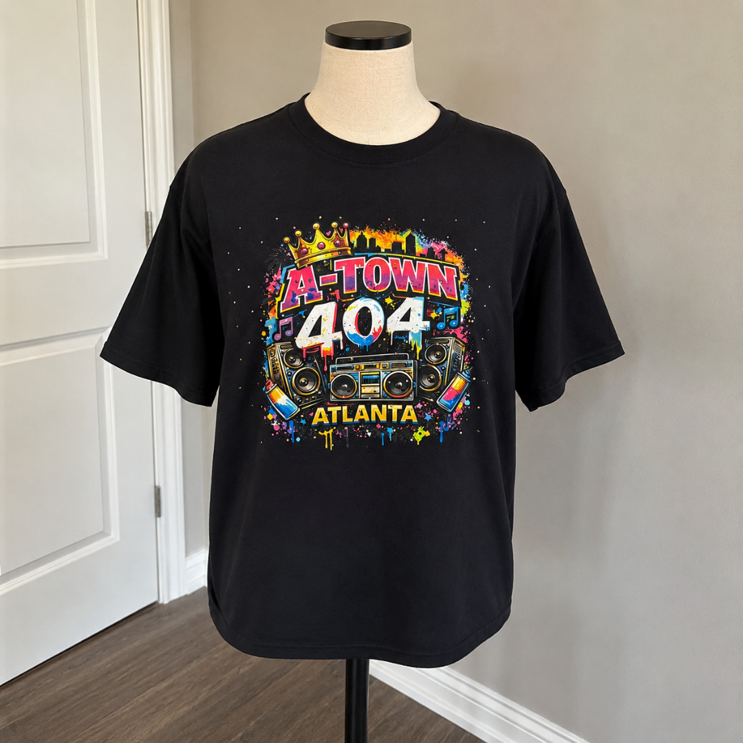 A-Town 404 Atlanta Rhinestone T-Shirt | Atlanta Graphic Tee Hip Hop Boombox Crown Shirt