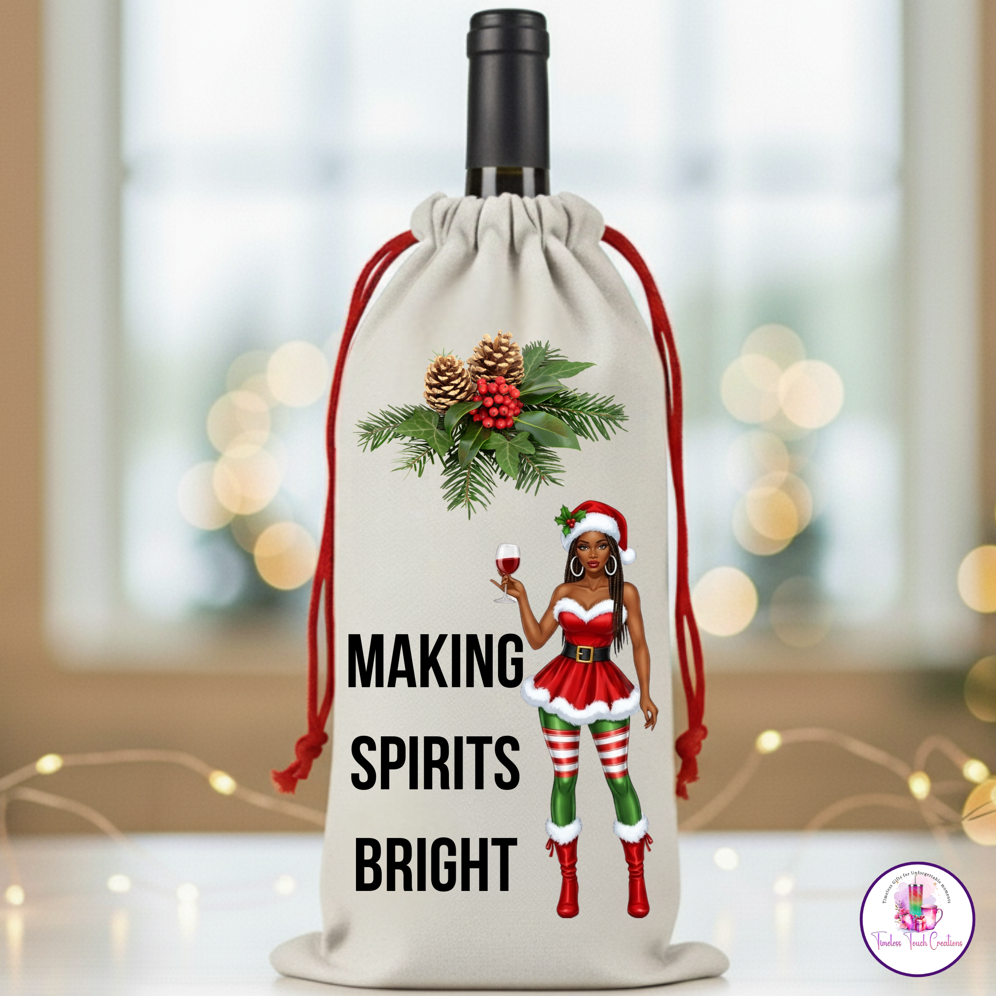 Christmas Wine Gift Bag – Holiday Santa and Festive Designs, Reusable Drawstring Wine Bottle Holder, Perfect for Gifting and Parties
