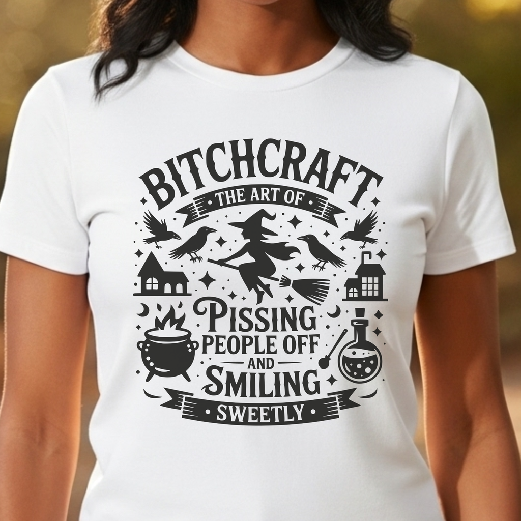 Bitchcraft Shirt | The Art of Pissing People Off and Smiling Sweetly | Funny Witch Halloween T-Shirt or Sweatshirt