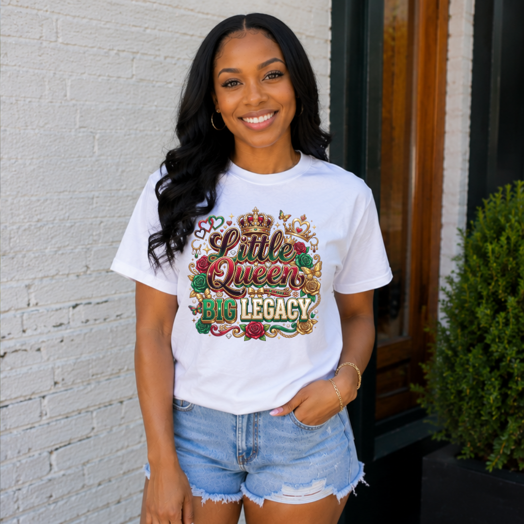 Little Queen Big Legacy T-Shirt | Black Girl Crown Roses Women's Graphic Tee