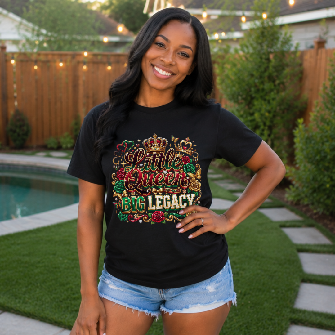 Little Queen Big Legacy T-Shirt | Black Girl Crown Roses Women's Graphic Tee