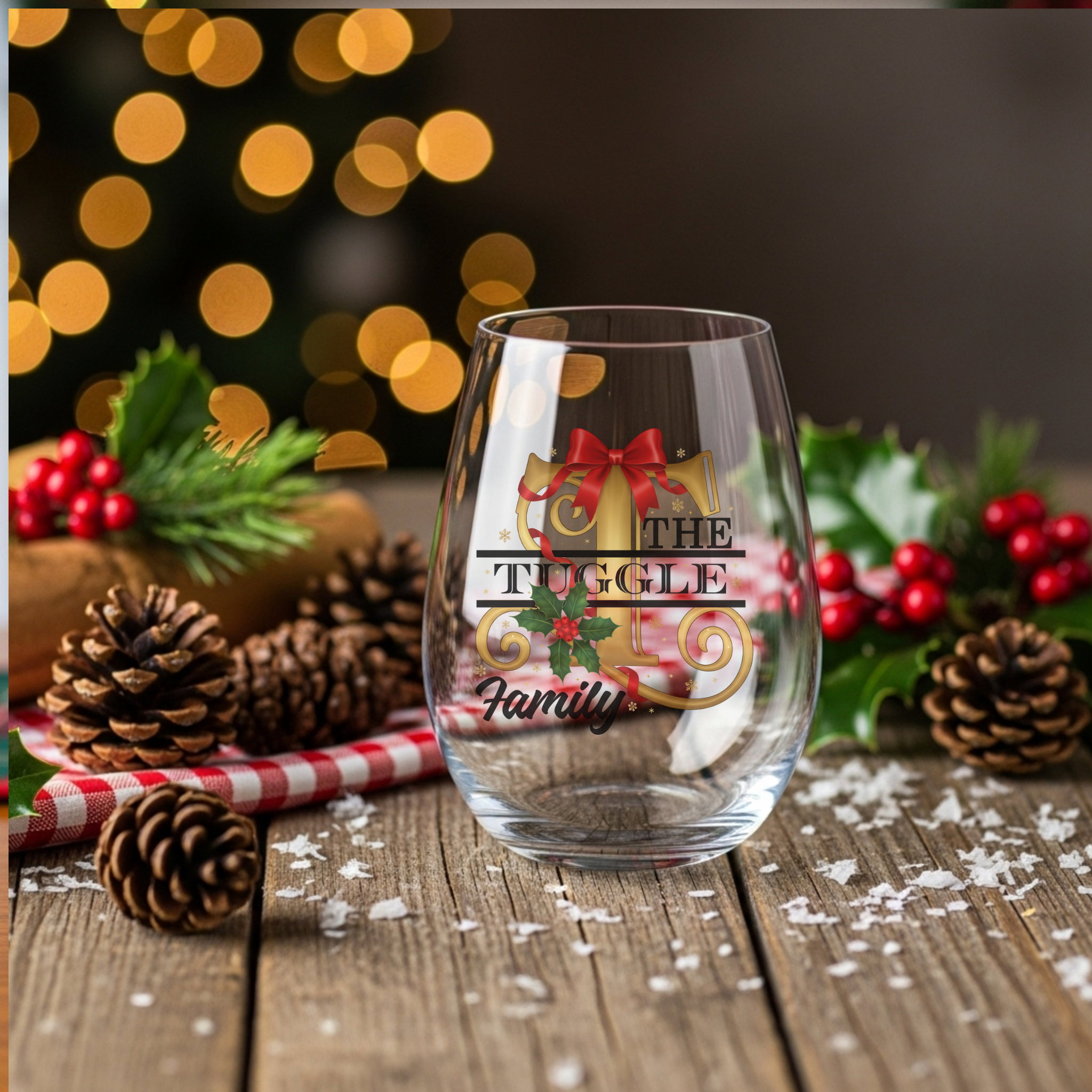 Personalized Family Christmas Monogram Collection, Stemless Wine Glass, Coaster, Kitchen Towel, Apron, and Pot Holder