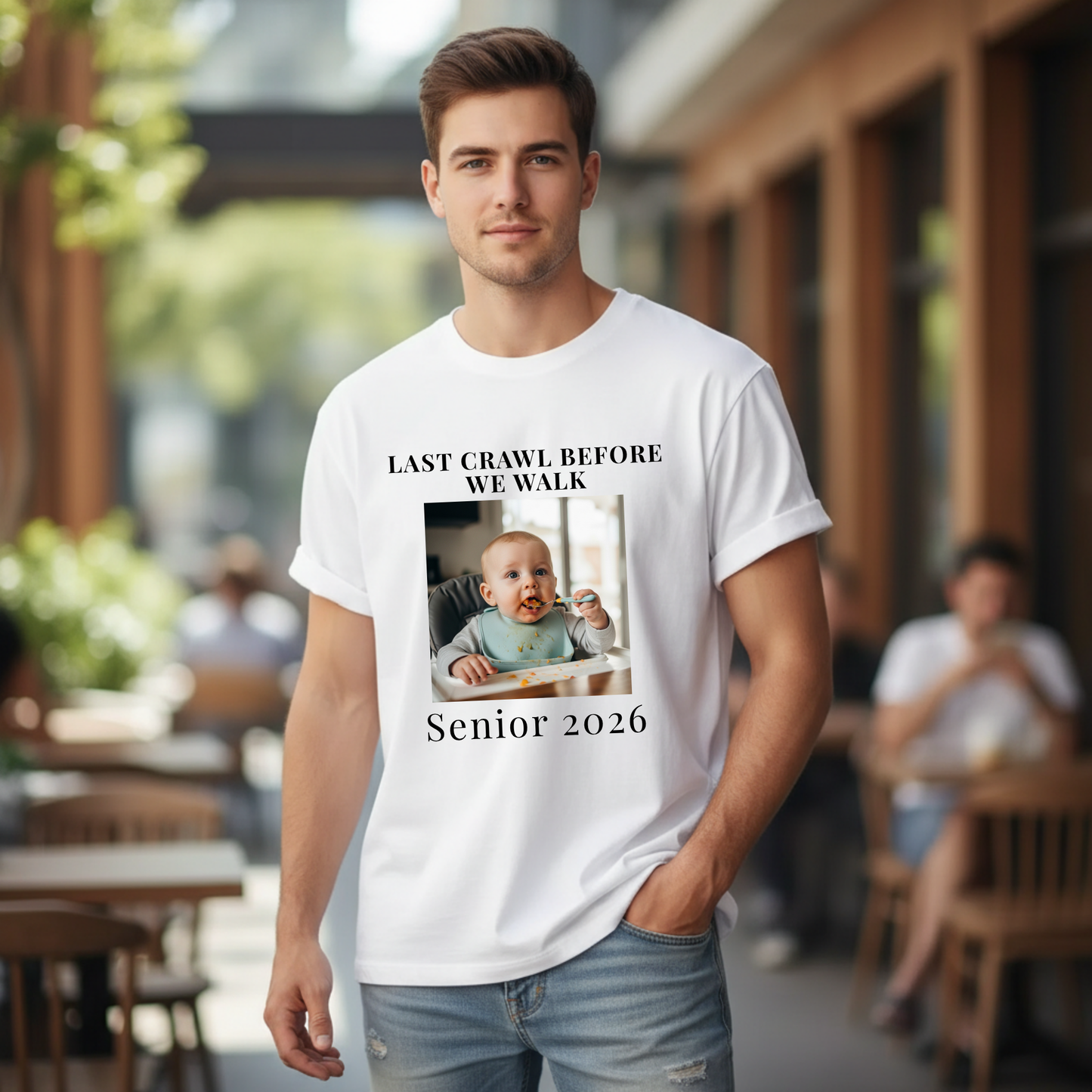 College Senior Bar Crawl Tee 2026 - Last Crawl Before We Walk Graduation Shirt with Baby Photo