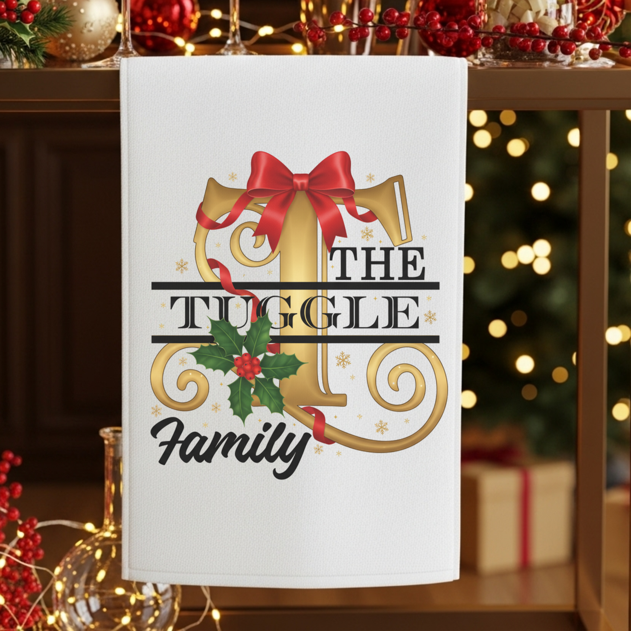 Decorative towel with 'The Tuggle Family' design on a festive background with lights and decorations.