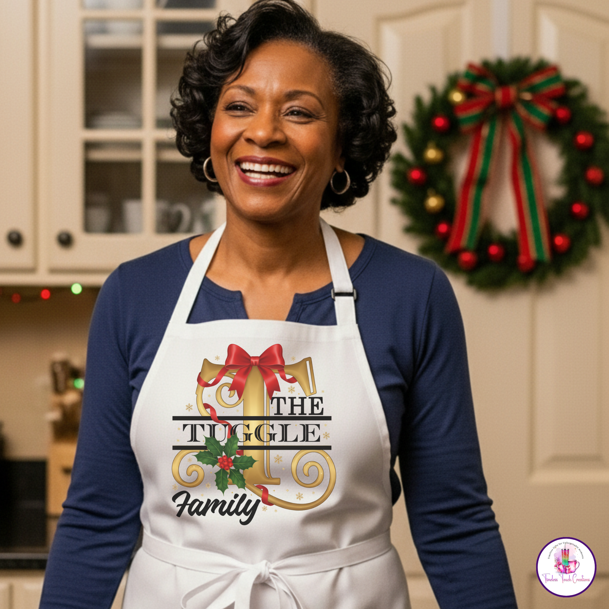 Personalized Family Christmas Monogram Collection, Stemless Wine Glass, Coaster, Kitchen Towel, Apron, and Pot Holder