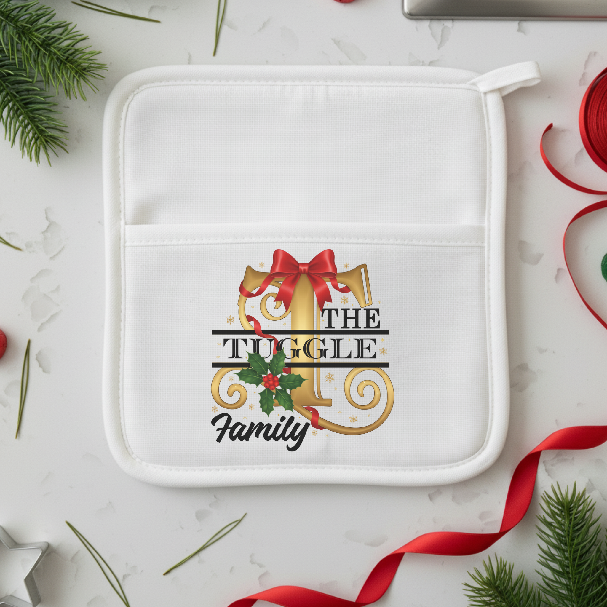 Personalized Family Christmas Monogram Collection, Stemless Wine Glass, Coaster, Kitchen Towel, Apron, and Pot Holder