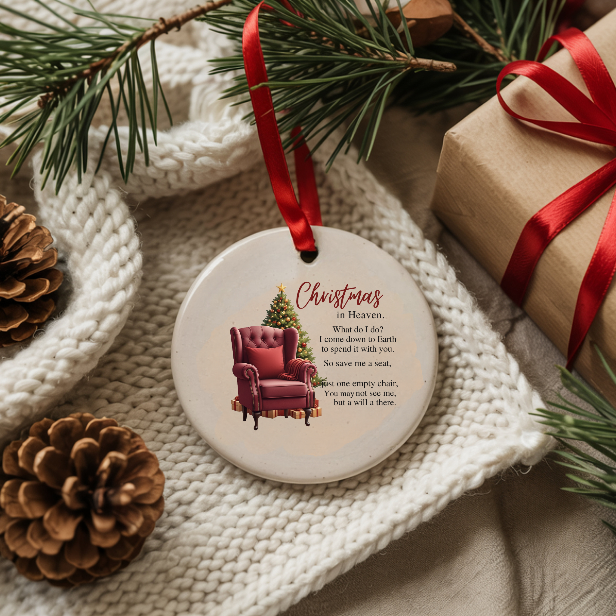 Christmas in Heaven Memorial Ornament Save Me A Seat Empty Chair Remembrance Keepsake Gift