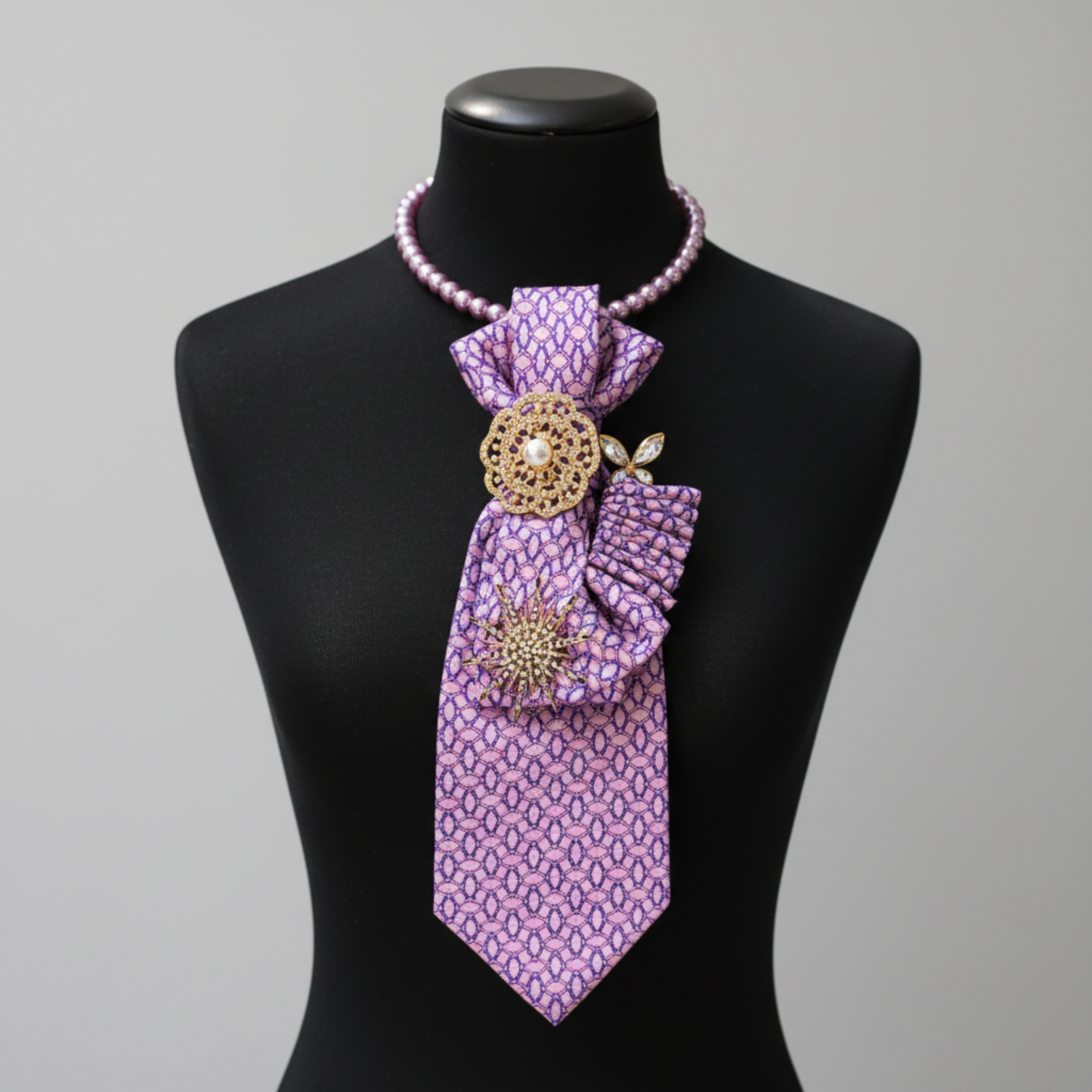 Lilac Crystal Tie Necklace | Gold Brooch Accessory