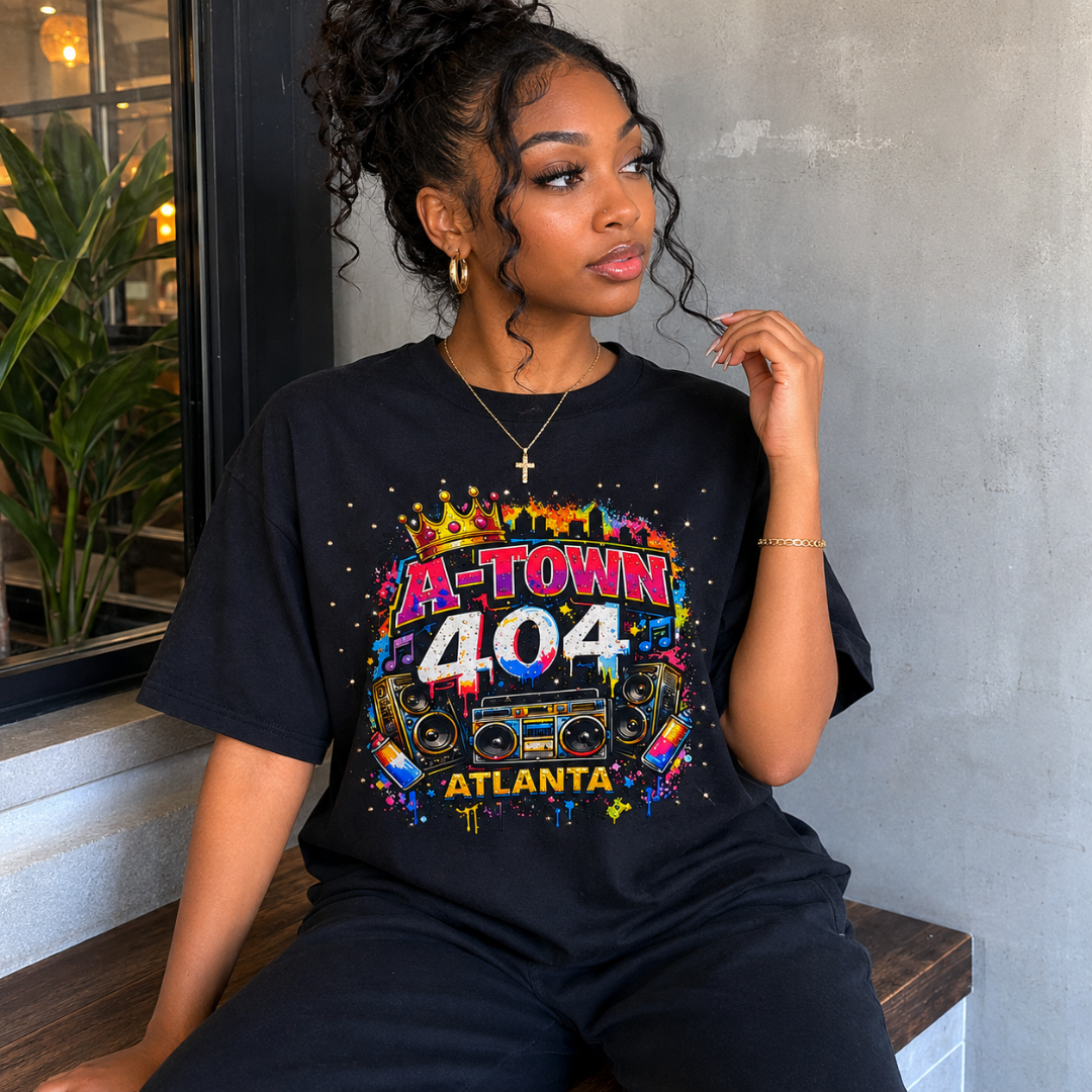 A-Town 404 Atlanta Rhinestone T-Shirt | Atlanta Graphic Tee Hip Hop Boombox Crown Shirt