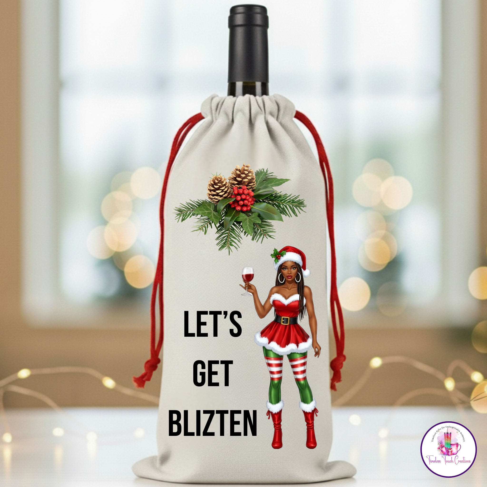 Christmas Wine Gift Bag – Holiday Santa and Festive Designs, Reusable Drawstring Wine Bottle Holder, Perfect for Gifting and Parties