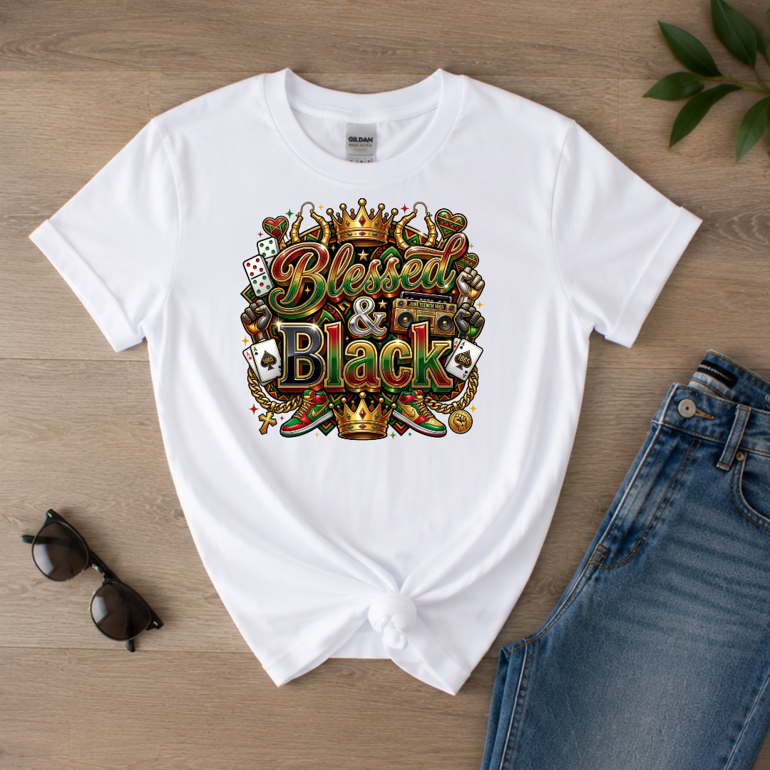 Blessed and Black T-Shirt | Black Pride Culture Graphic Tee Crown Gold Chain Juneteenth Shirt