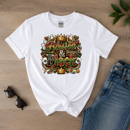 Blessed and Black T-Shirt | Black Pride Culture Graphic Tee Crown Gold Chain Juneteenth Shirt