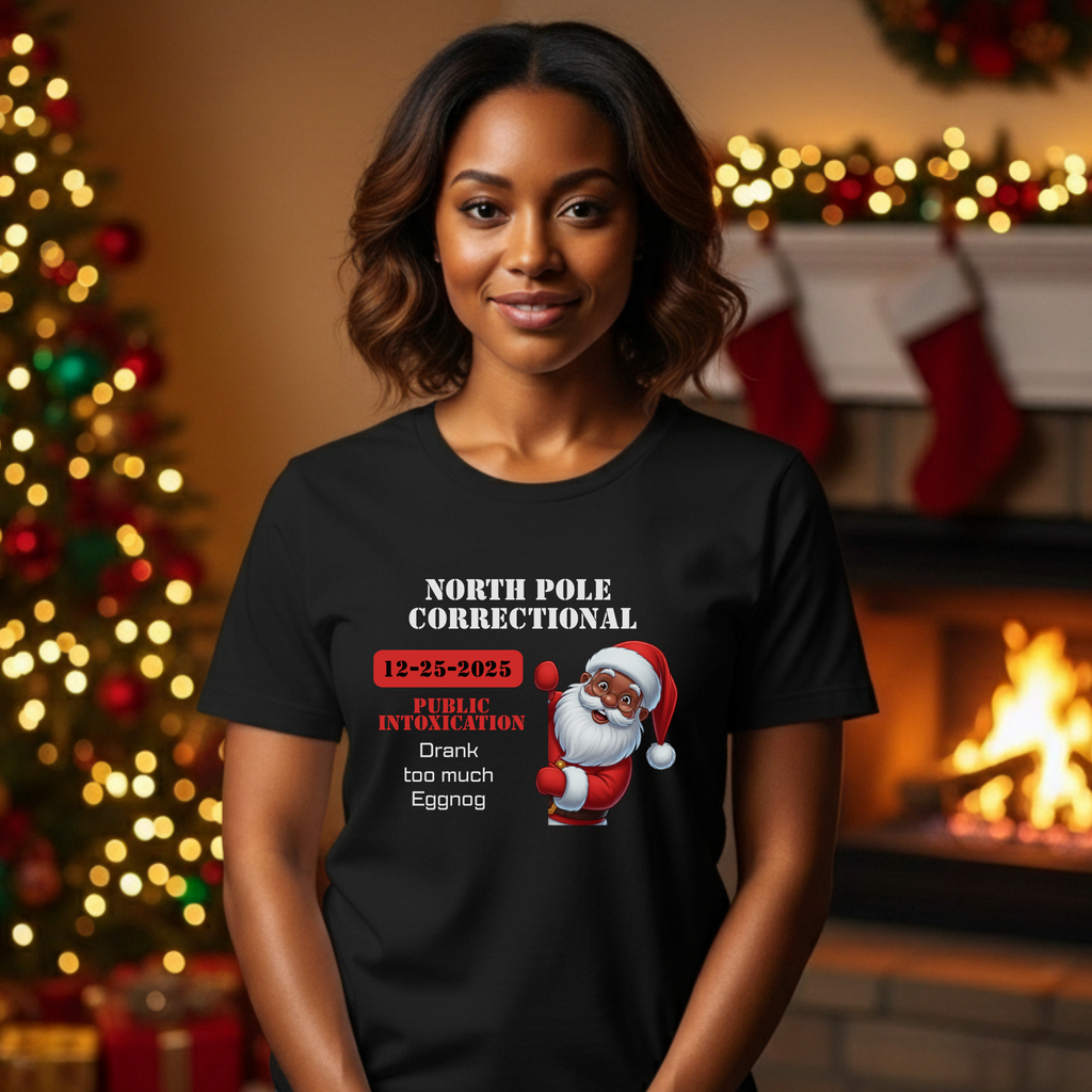 North Pole Correctional Santa Christmas Shirt or Sweatshirt – Funny Holiday Tee or Crewneck Gift for Christmas Parties and Family Photos