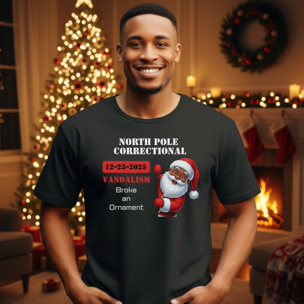 North Pole Correctional Santa Christmas Shirt or Sweatshirt – Funny Holiday Tee or Crewneck Gift for Christmas Parties and Family Photos