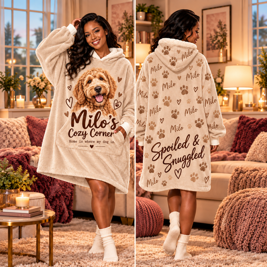 A woman models a plush hooded robe in a cozy living room, shown from both front and back. The robe is cream-colored with a large graphic of a golden retriever and the text 'Milo's Cozy Corner' on the front, and scattered paw prints and the words 'Milo Spoiled & Snuggly' on the back.