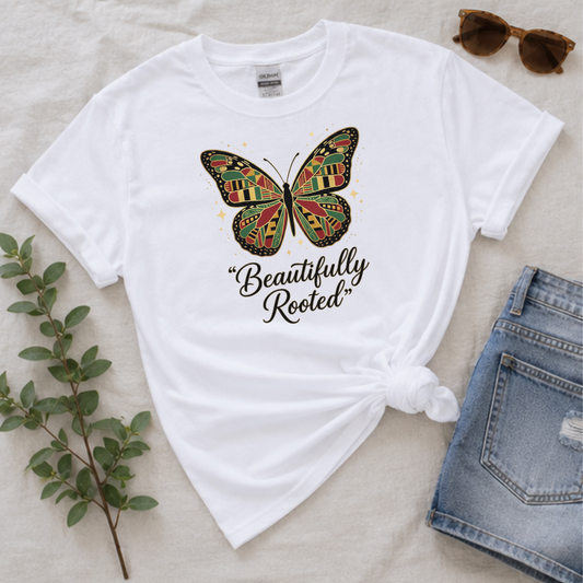 Beautifully Rooted T-Shirt | African Kente Butterfly Women's Black Culture Graphic Tee