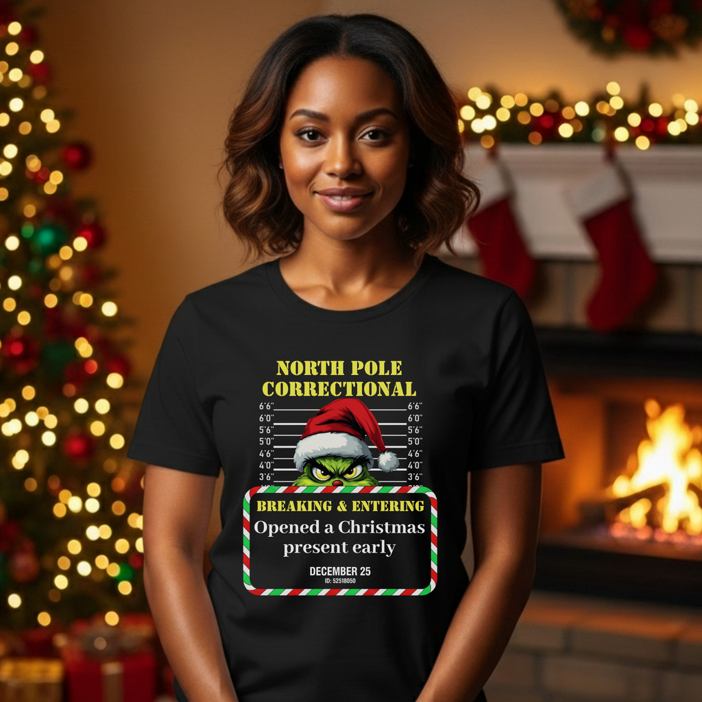 North Pole Correctional Grinch Christmas Shirt or Sweatshirt – Funny Holiday Tee or Crewneck Gift