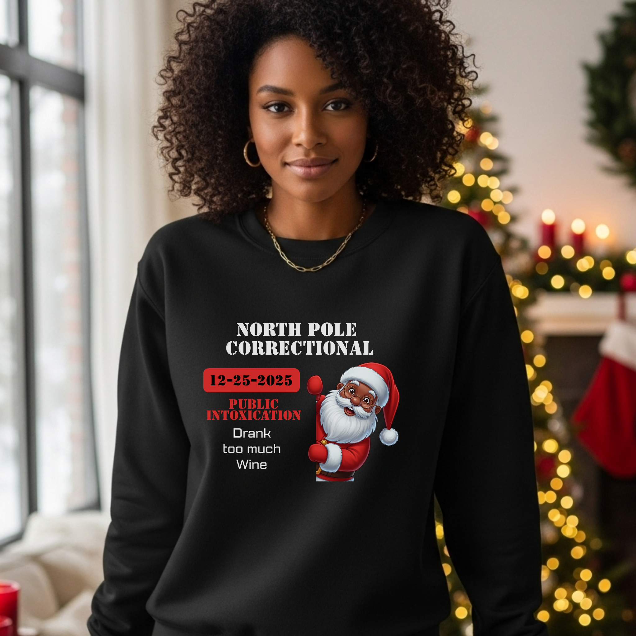 North Pole Correctional Santa Christmas Shirt or Sweatshirt – Funny Holiday Tee or Crewneck Gift for Christmas Parties and Family Photos
