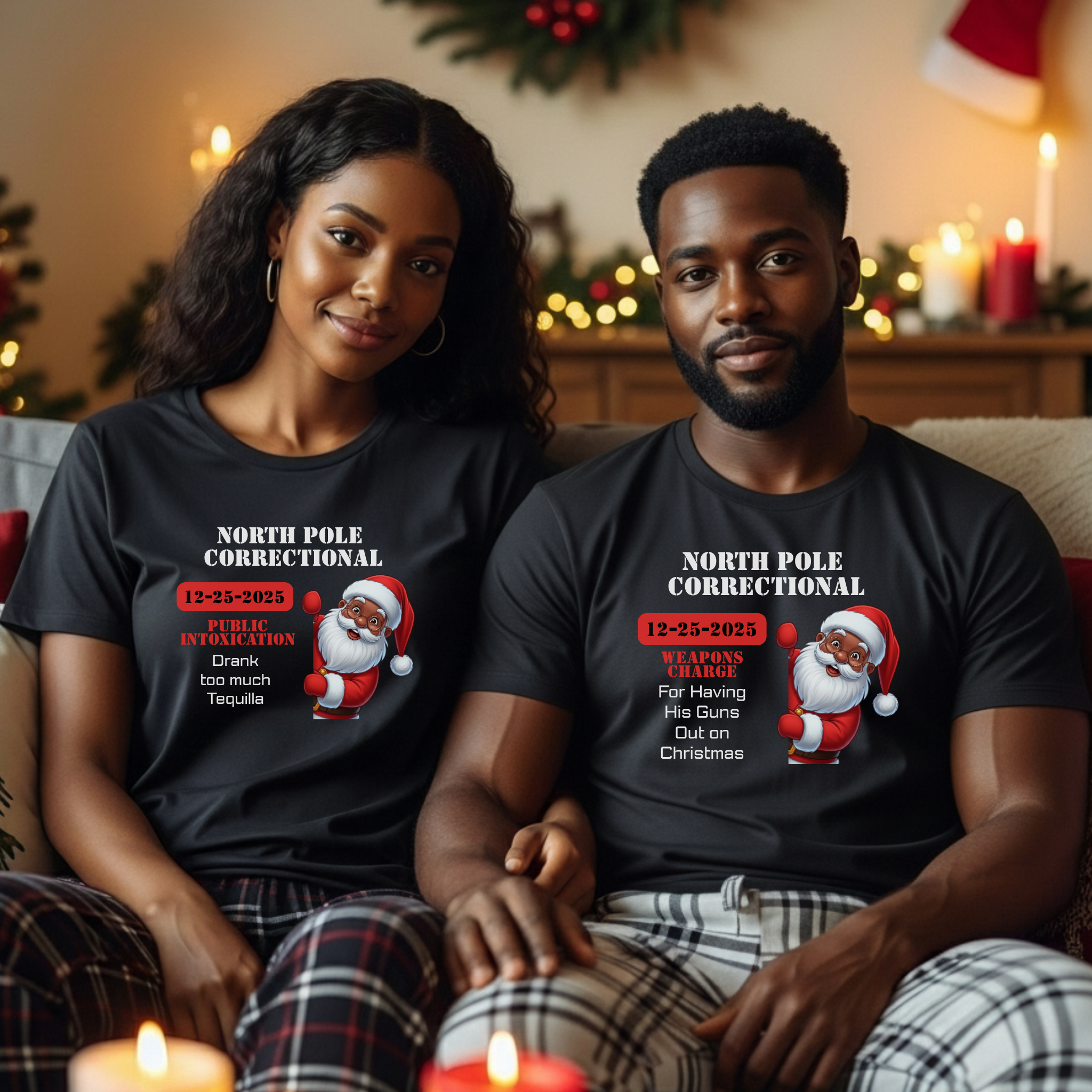 North Pole Correctional Santa Christmas Shirt or Sweatshirt – Funny Holiday Tee or Crewneck Gift for Christmas Parties and Family Photos