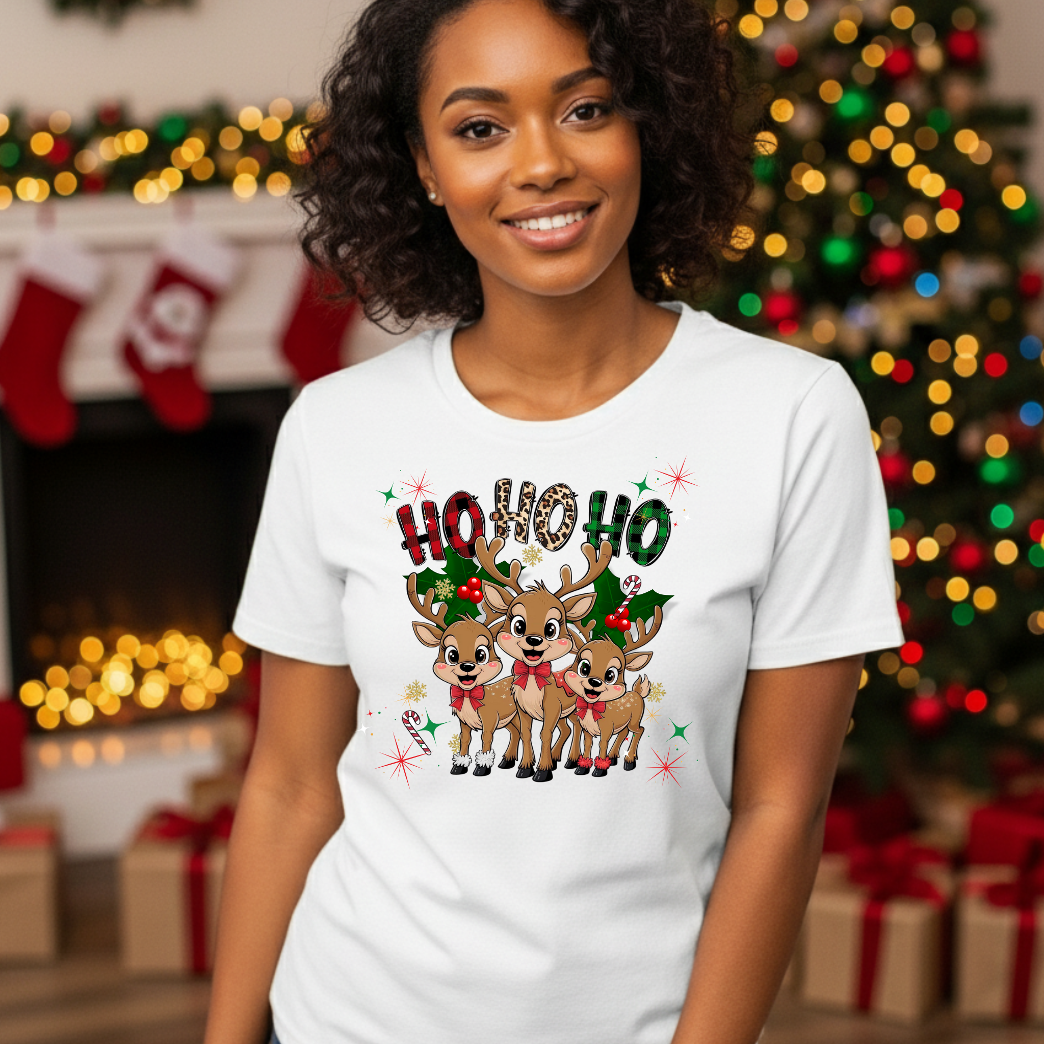 Christmas Shirt Ho Ho Ho Reindeer Graphic Tee for Holiday Cheer