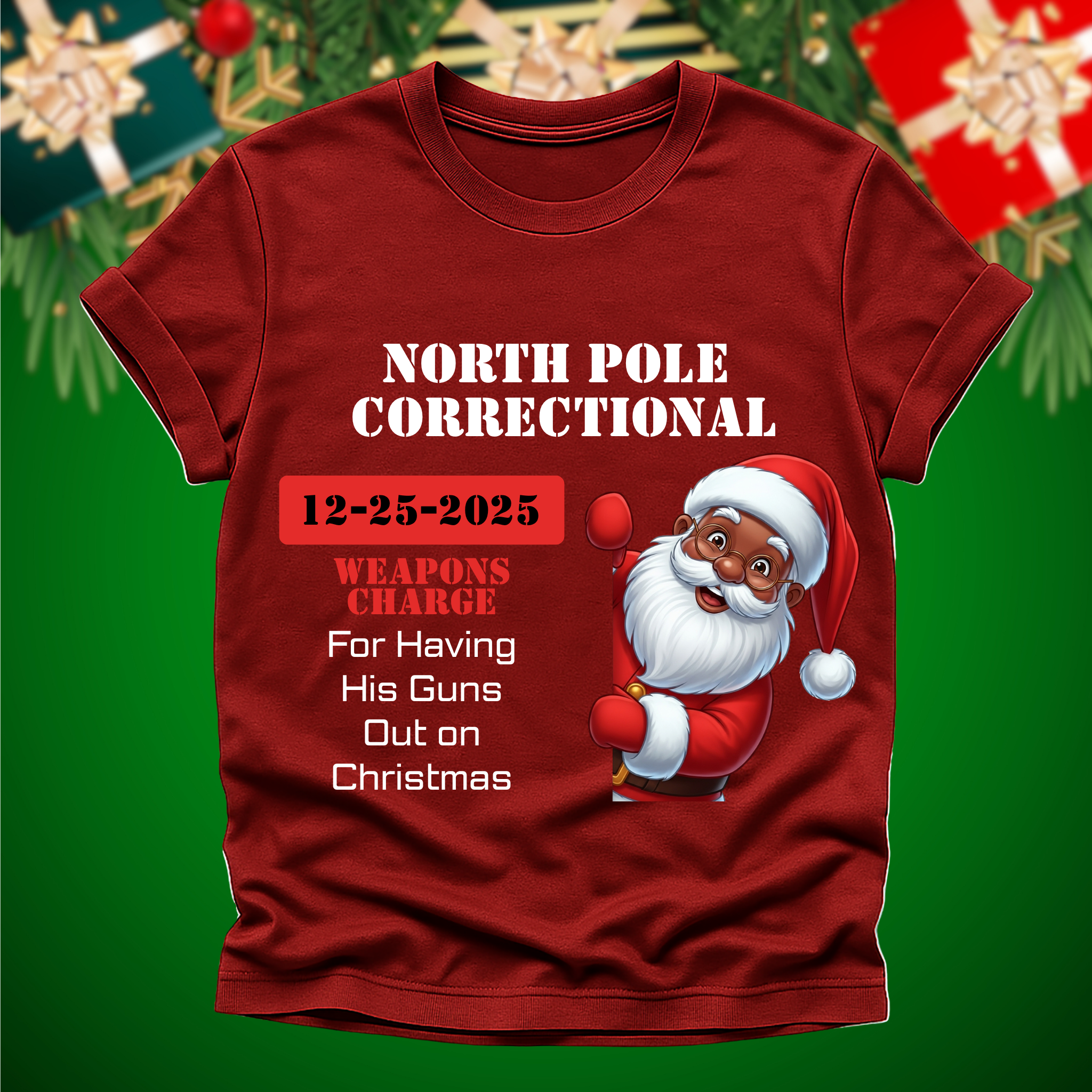 North Pole Correctional Santa Christmas Shirt or Sweatshirt – Funny Holiday Tee or Crewneck Gift for Christmas Parties and Family Photos