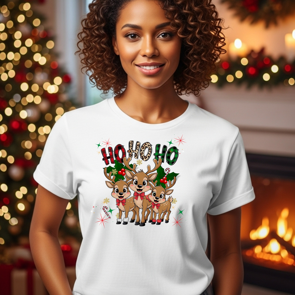 Christmas Shirt Ho Ho Ho Reindeer Graphic Tee for Holiday Cheer